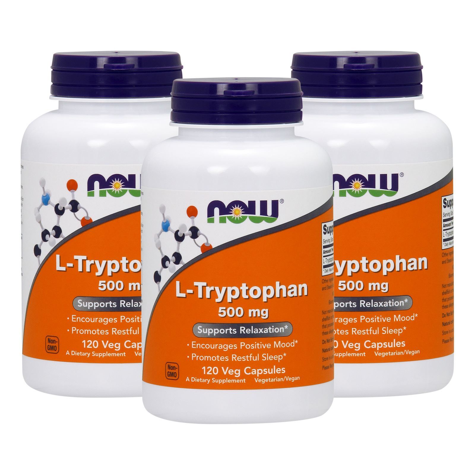 3 x NOW L Tryptophan 500 mg 120 Veg Caps Supports Relaxation