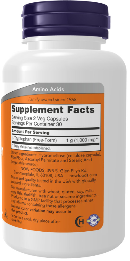 NOW FOODS L-Tryptophan 500 mg – 60 Veg Capsules Exp 04/25