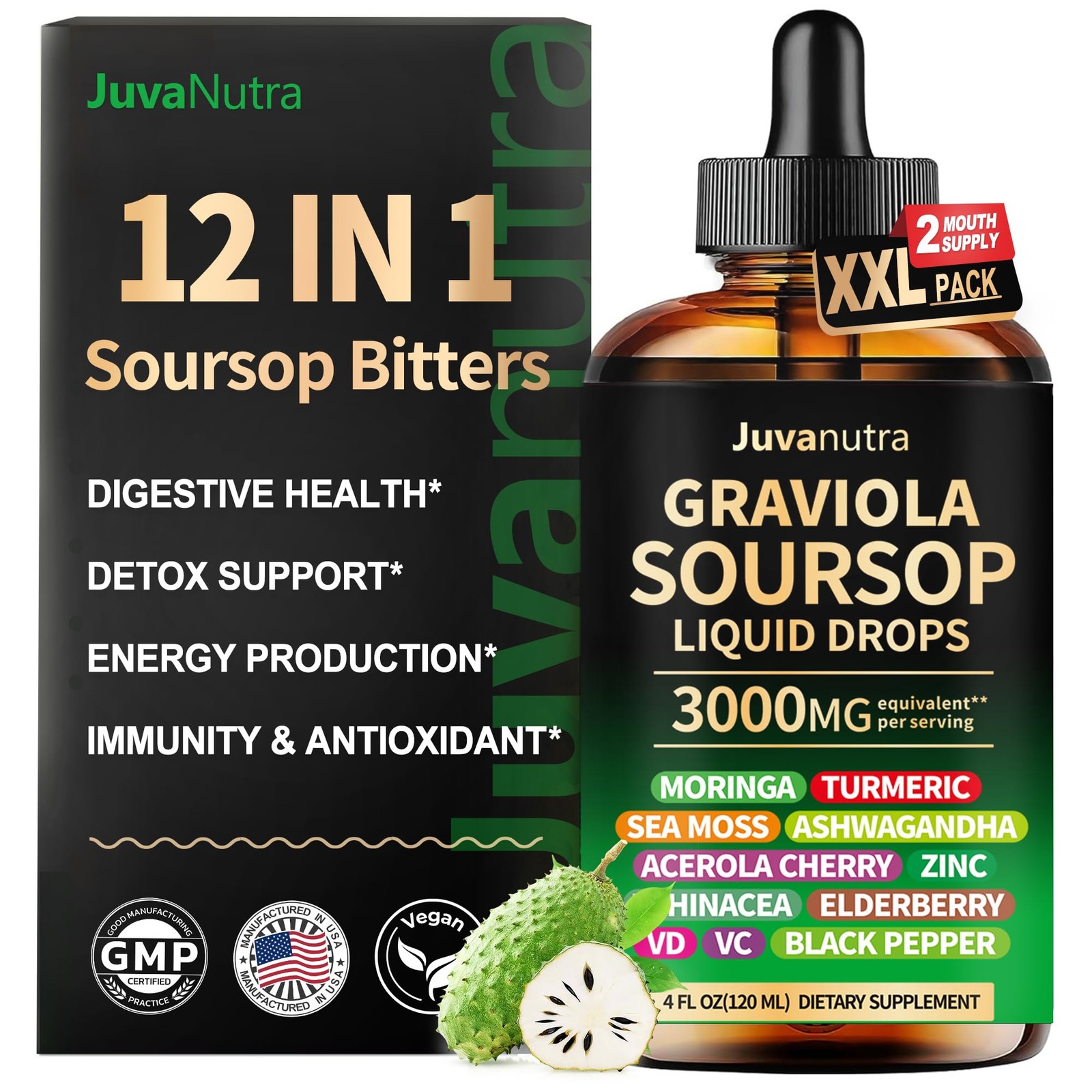 JuvaNutra (4 Fl Oz) Soursop Bitters Liquid Drops 12 in 1 4 Oz (Pack of 1)