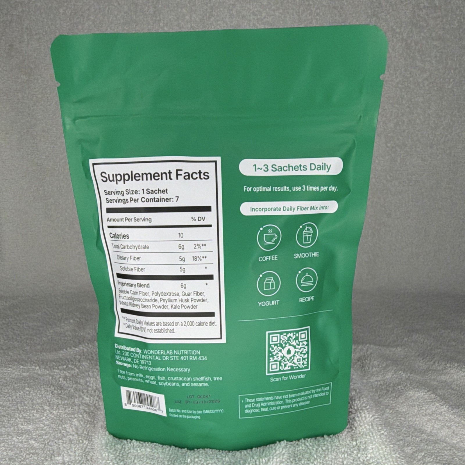 WonderBiotics Daily Fiber Mix Powder Unflavored Prebiotics Superfood 7ct 1.48oz