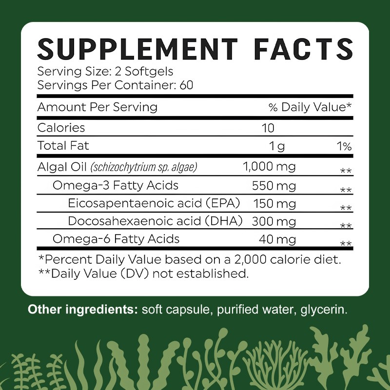 Omega 3 Algae Oil Supplement Improve Heart Brain Eye Immune Health 30-120 Pills