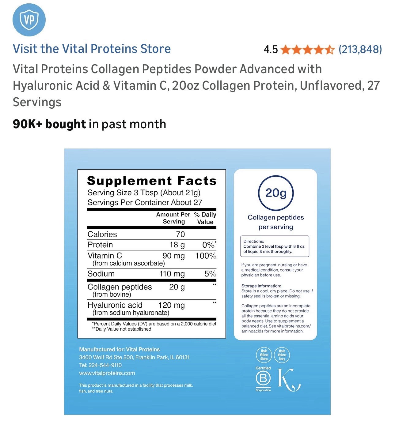Vital Proteins Collagen Peptides Hyaluronic Acid Vitamin C Powder 20oz