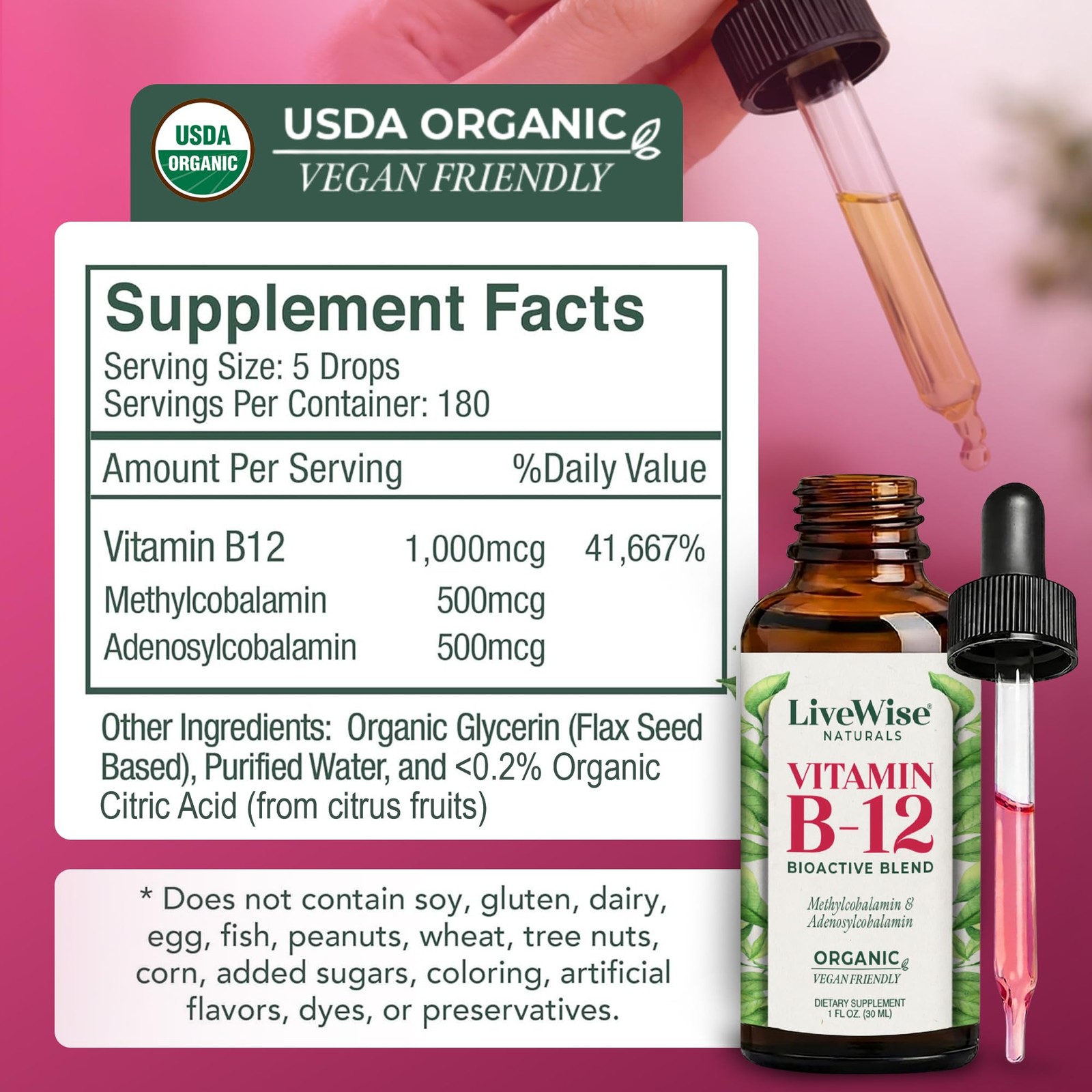 Organic Vitamin B12 1000 mcg Sublingual Liquid Drops For 1 Fl Oz (Pack of 1)