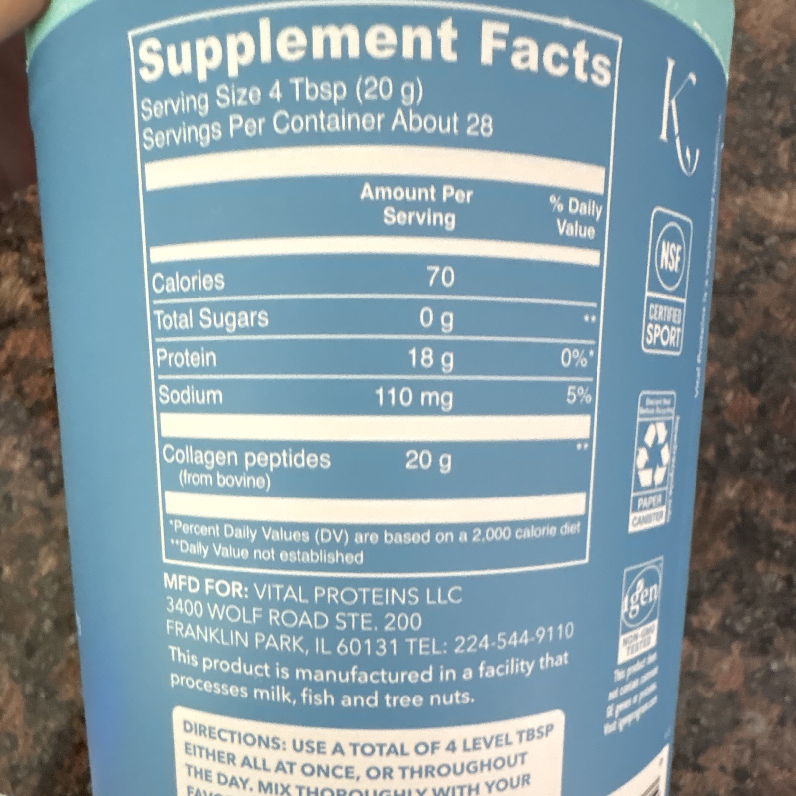 Vital Proteins Collagen Peptides Powder Unflavored Grass Fed 20 oz Gluten Free