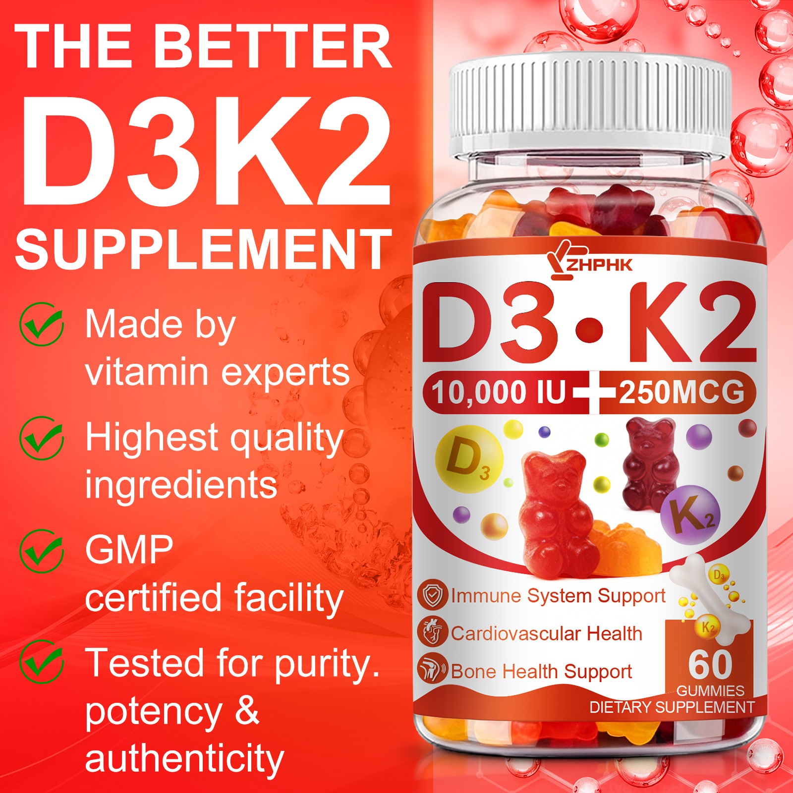 D3 10000 IU K2 250mcg 60 Gummies Immune system support Bone Health Support