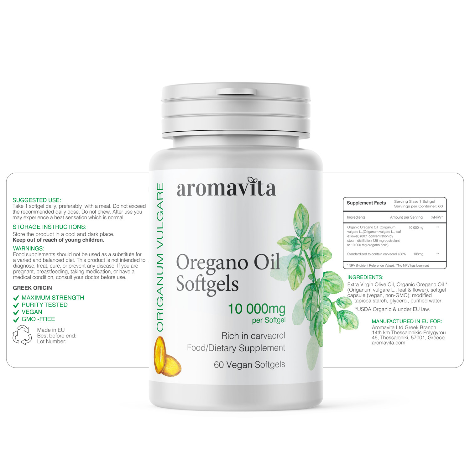 Aromavita Oregano Oil Capsules Organic – Vegan and Gluten Free, Greek Oregano