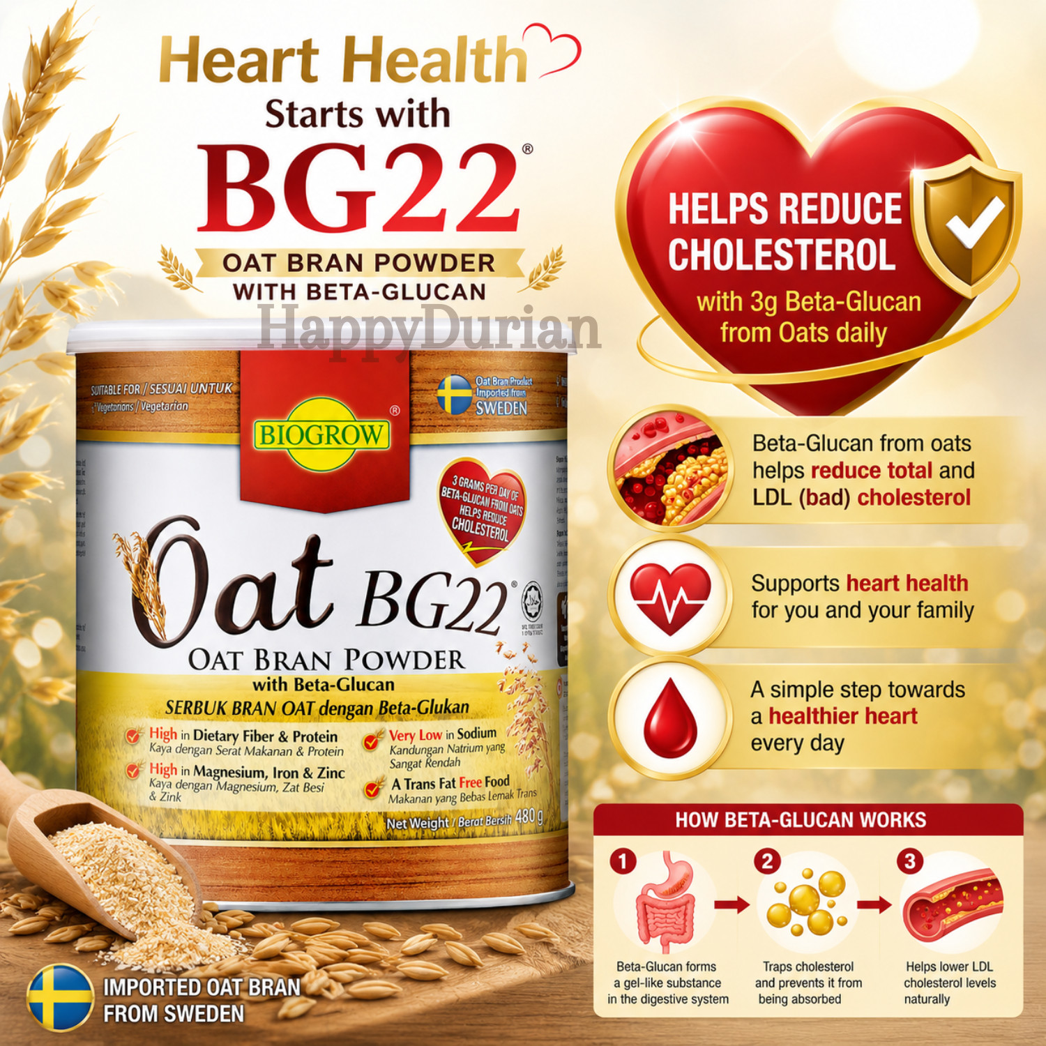 Biogrow Oat BG22 Oat Bran Powder Beta Glucan High Fiber 480g x 3