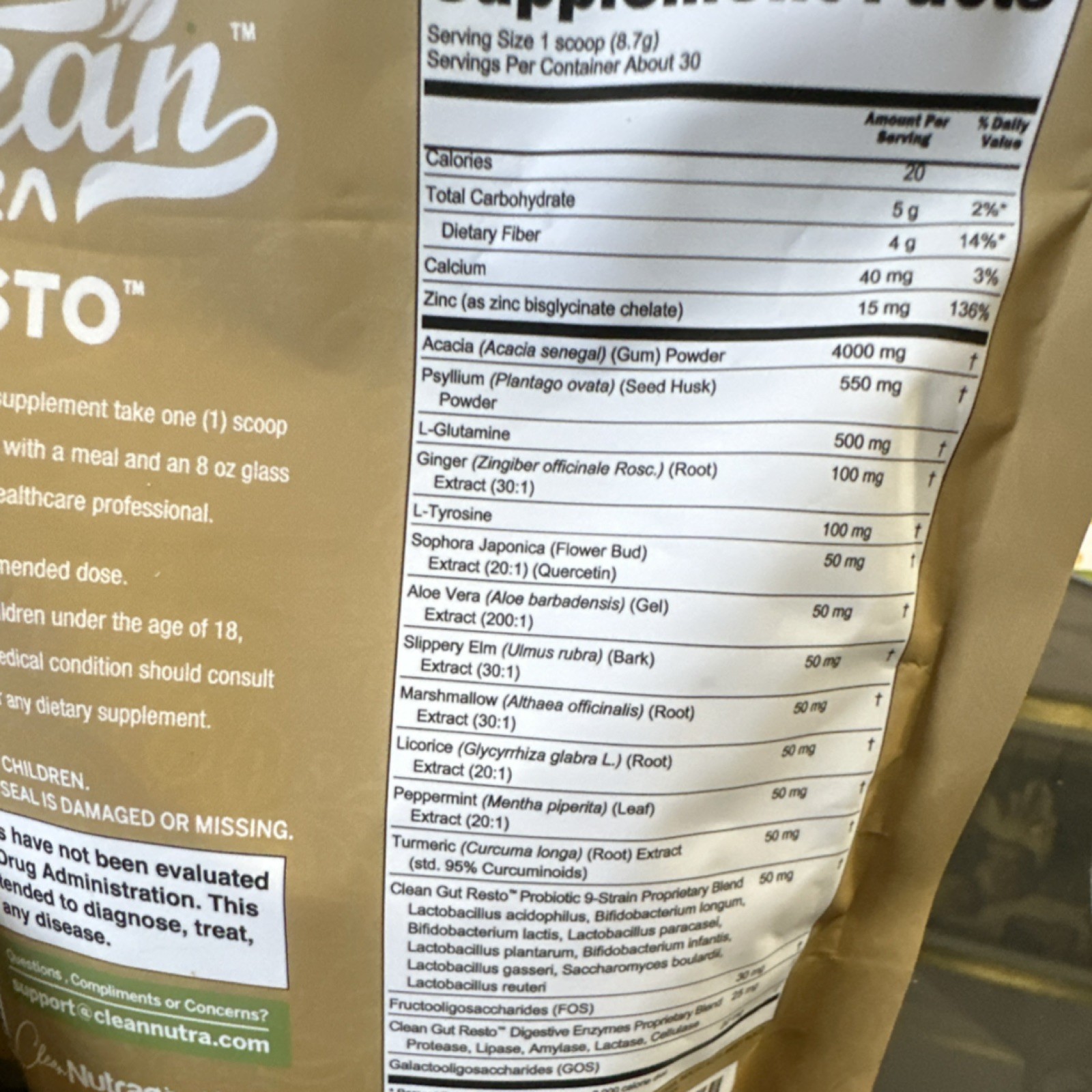Clean Nutra Gut Resto Fiber Psyllium Acacia Ginger Powder Pink Lemonade Vegan