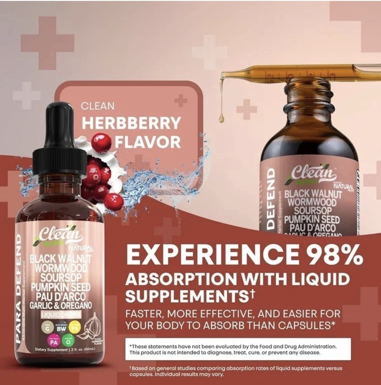 Clean Nutra Para Defend Herbal Supplement Black Walnut Wormwood Liquid Drop 2 oz