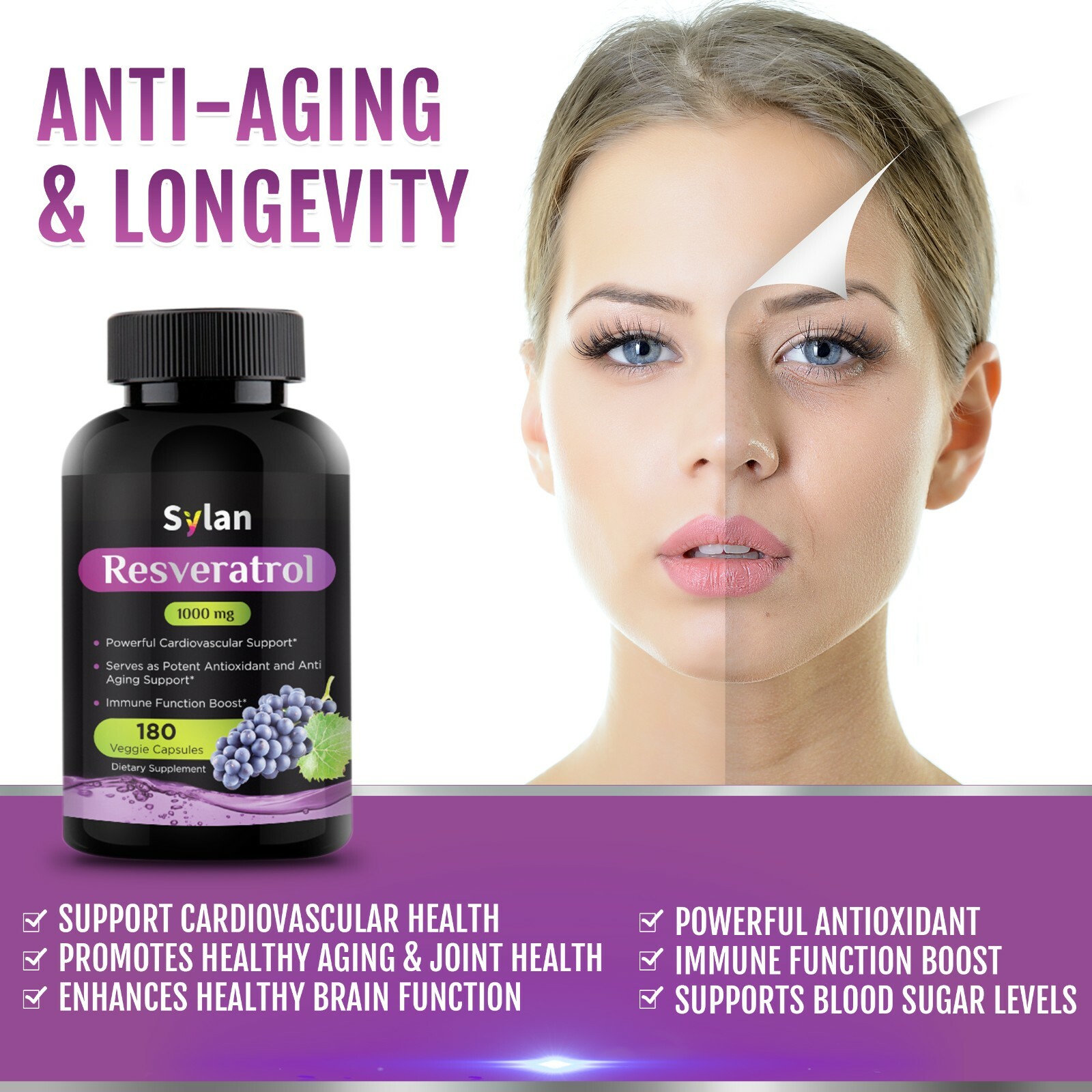 Resveratrol Supplement 1000 mg 180 Caps Made in USA Antioxidant & Anti Aging
