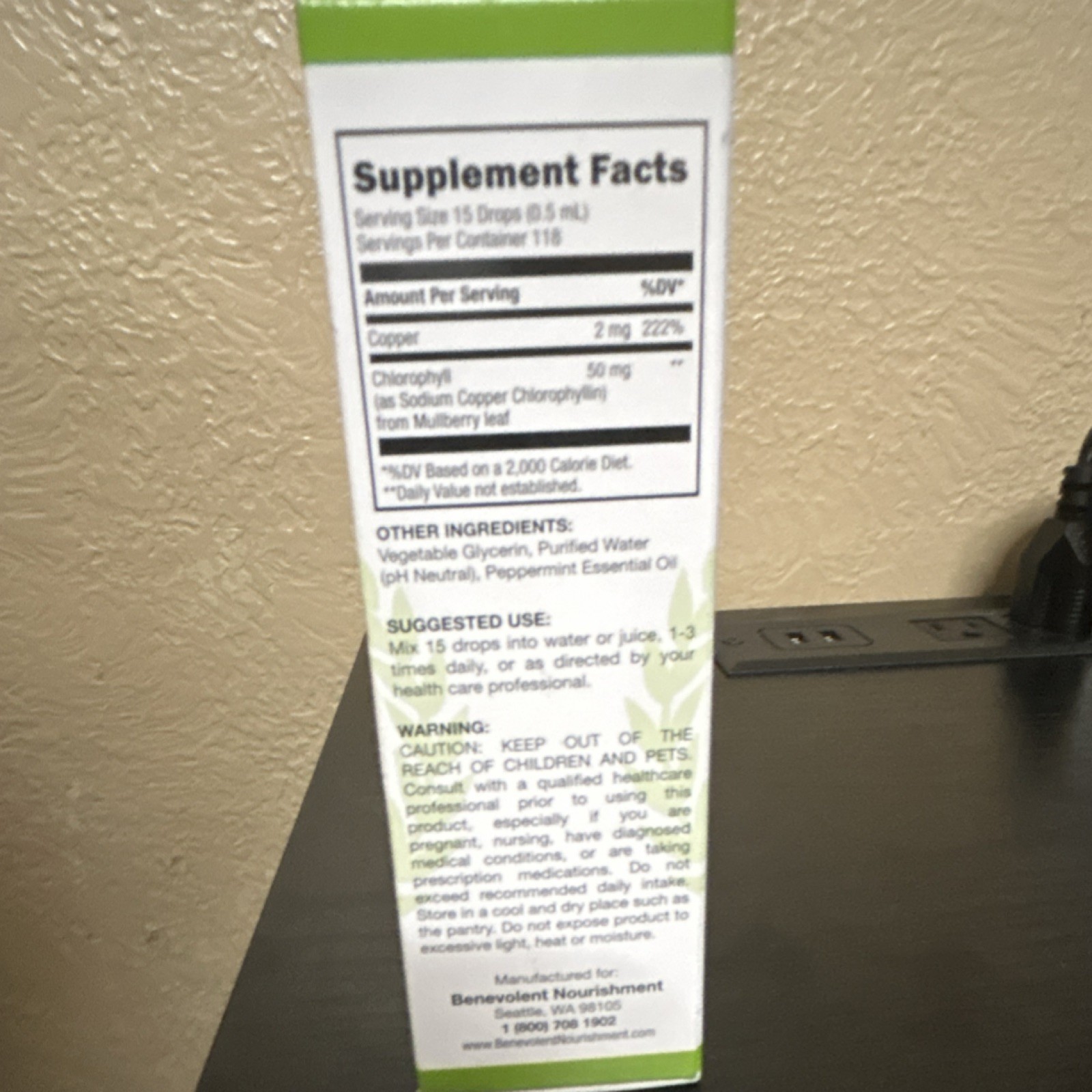 Benevolent Nourishment Liquid Chlorophyll Copper Peppermint Alcohol Gluten Free…