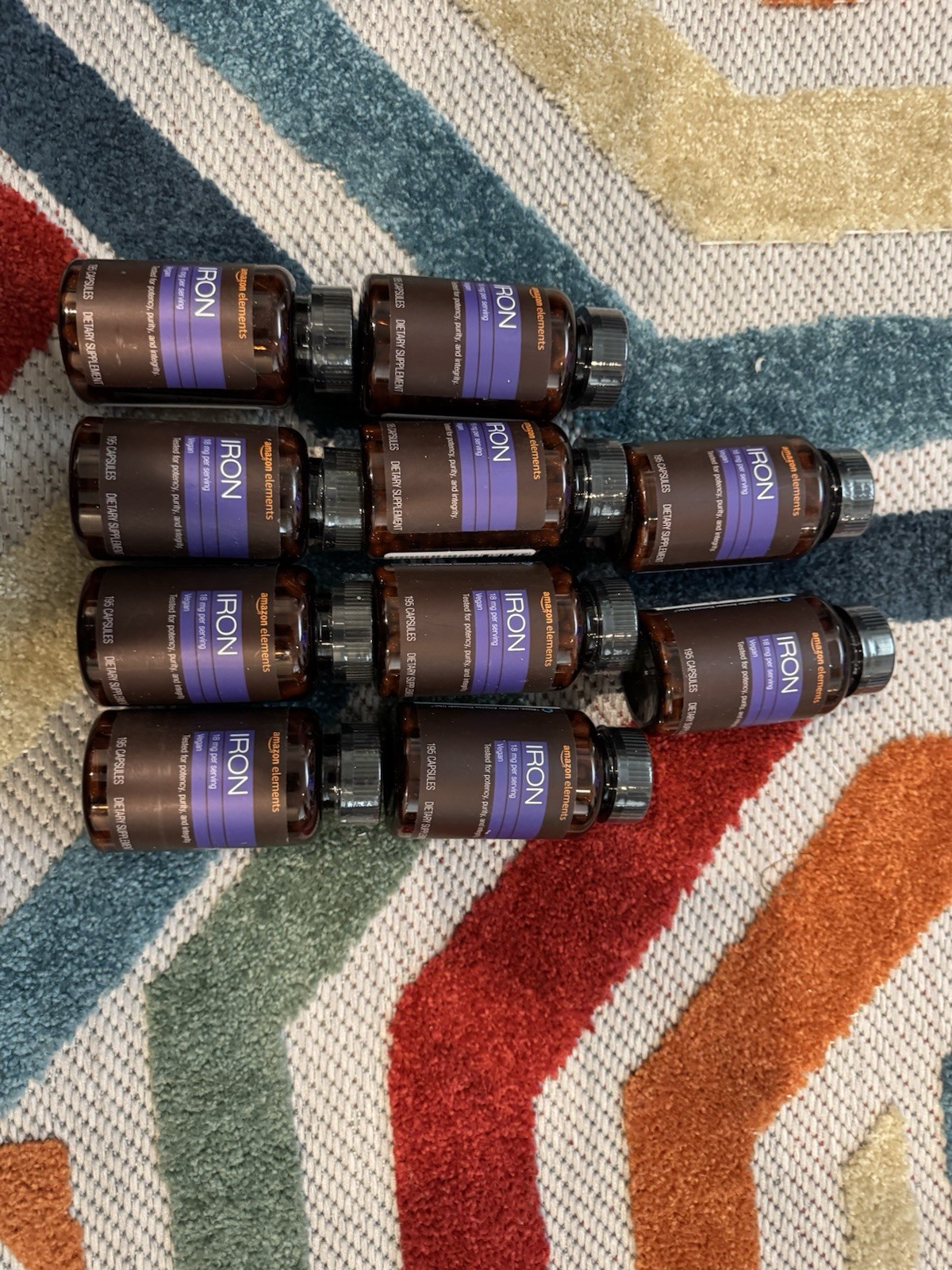 LOT OF 10 BOTTLES NEW Amazon Elements Iron 18mg 195 Vegan Capsules Exp 6/26 WOW!