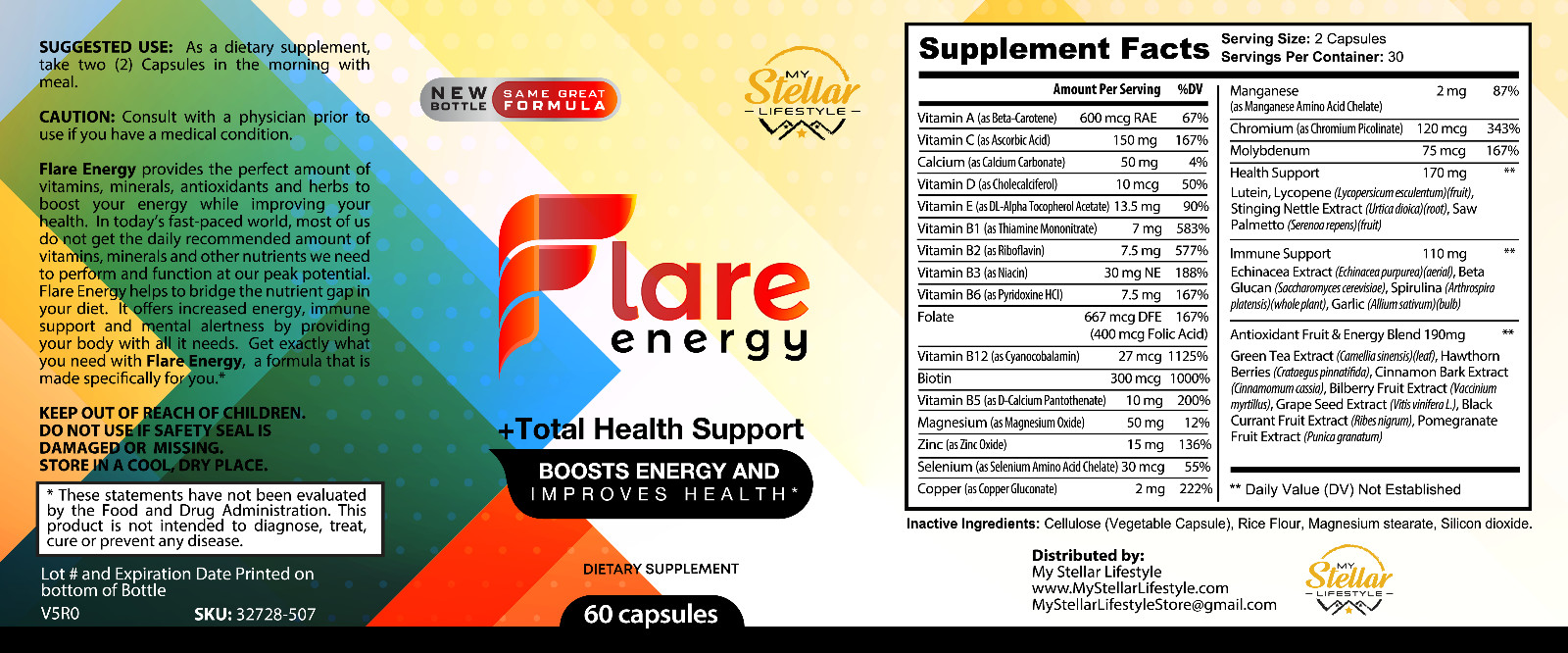 5 Pack Flare Energy, total health support and boosts energy-60 Capsules x5