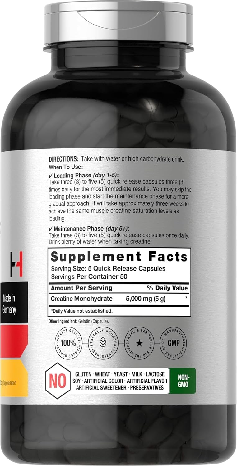 German Creatine Monohydrate 5000mg | 50 Servings | 250 Capsules | by Horbaach