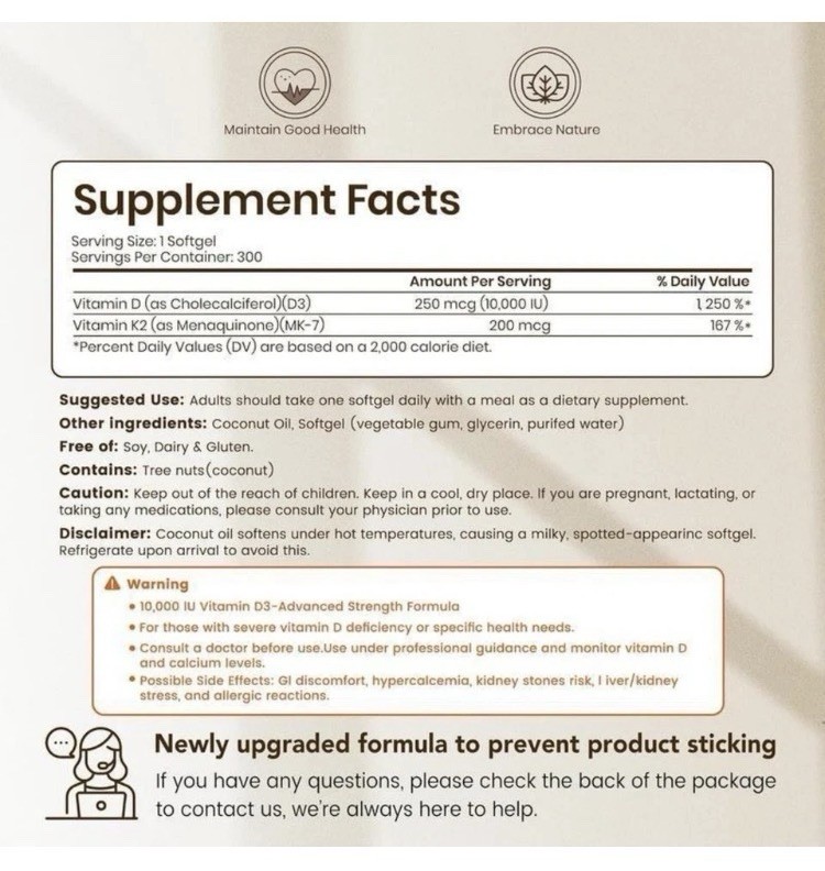 VEV Vitamin D3 & K2 10,000 IU D3 200 mcg K2 300 Softgels Coconut Oil Vegan