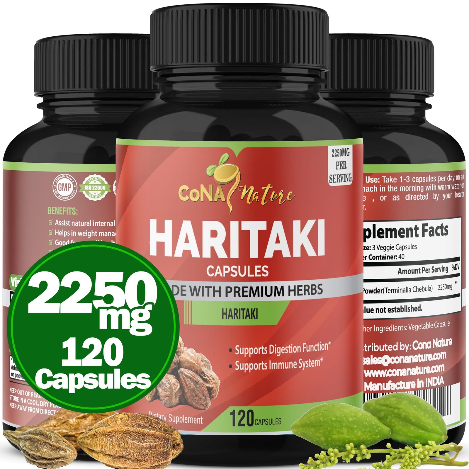 Cona Nature Organic India Haritaki Capsules 2250MG, 120 Count (Pack of 1)