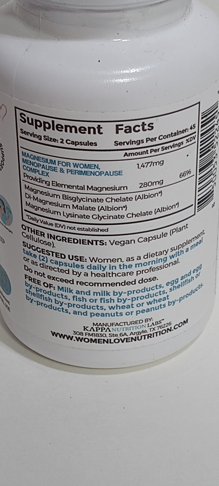 WOMEN LOVE NUTRITION Magnesium for Women Menopause Perimenopause 90 Capsules