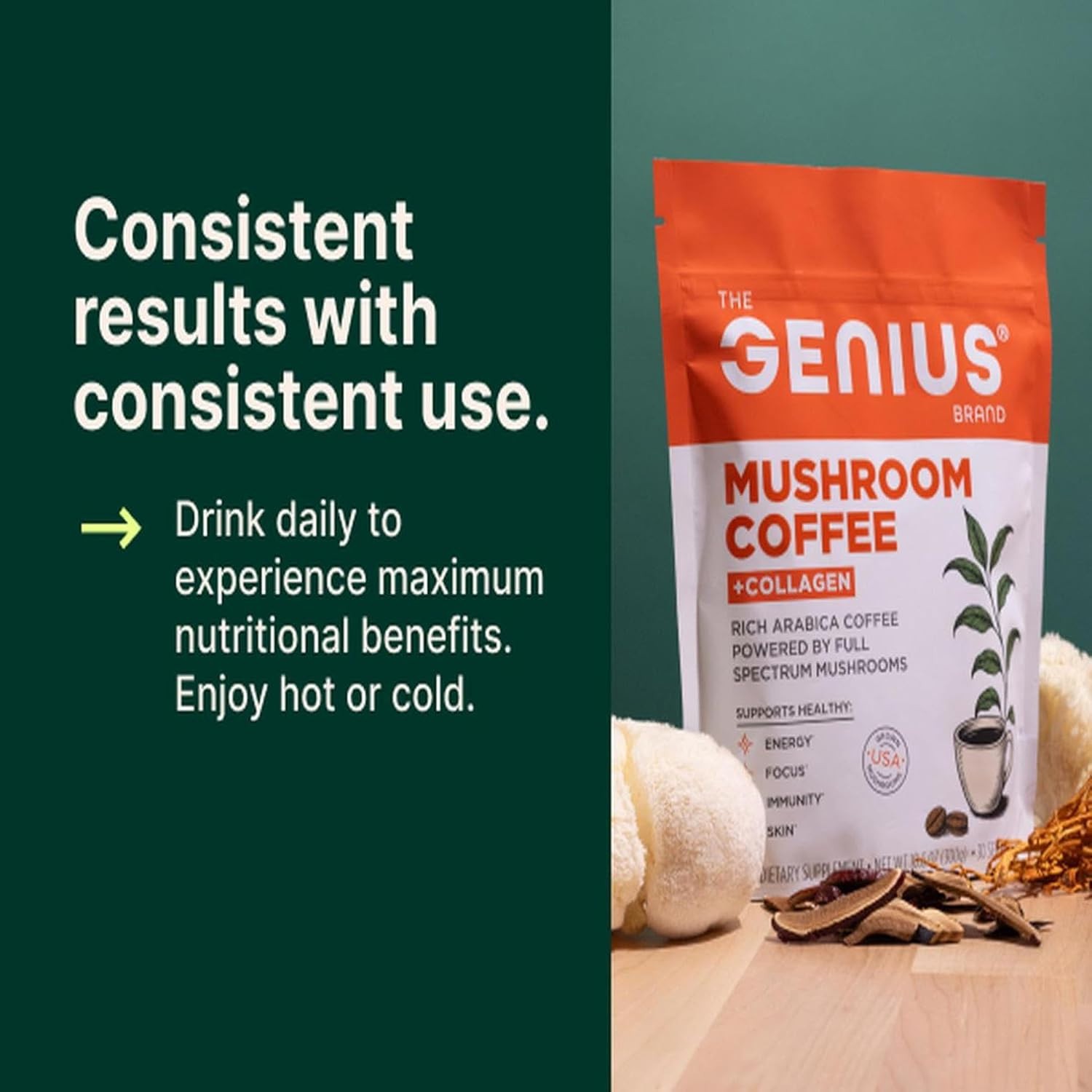 The Genius Brand, Mushroom Coffee + Collagen, 300g