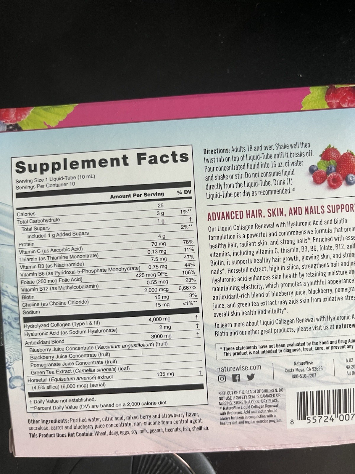 NatureWise Liquid Collagen Hyaluronic Acid Biotin Hair Skin Nails Mixed Berry 10