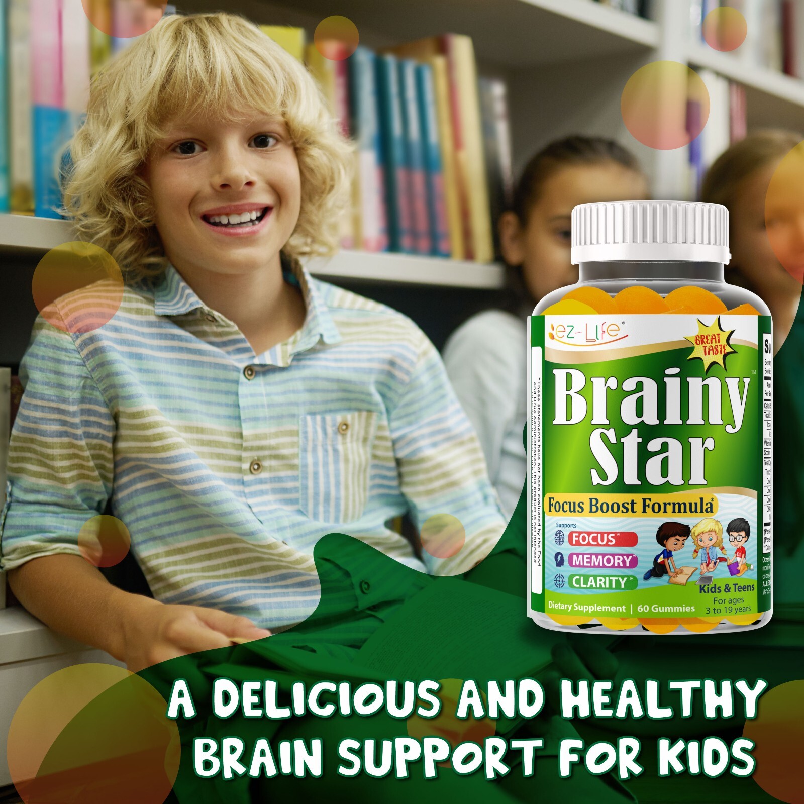Focus Gummies for Kids & Teens – Brain & Memory Support Omega 3 6 9 – 60 Gummies