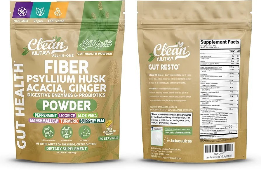 Clean Nutra Gut Restore Fiber Powder Pink Lemonade Acacia Psyllium Ginger Vegan