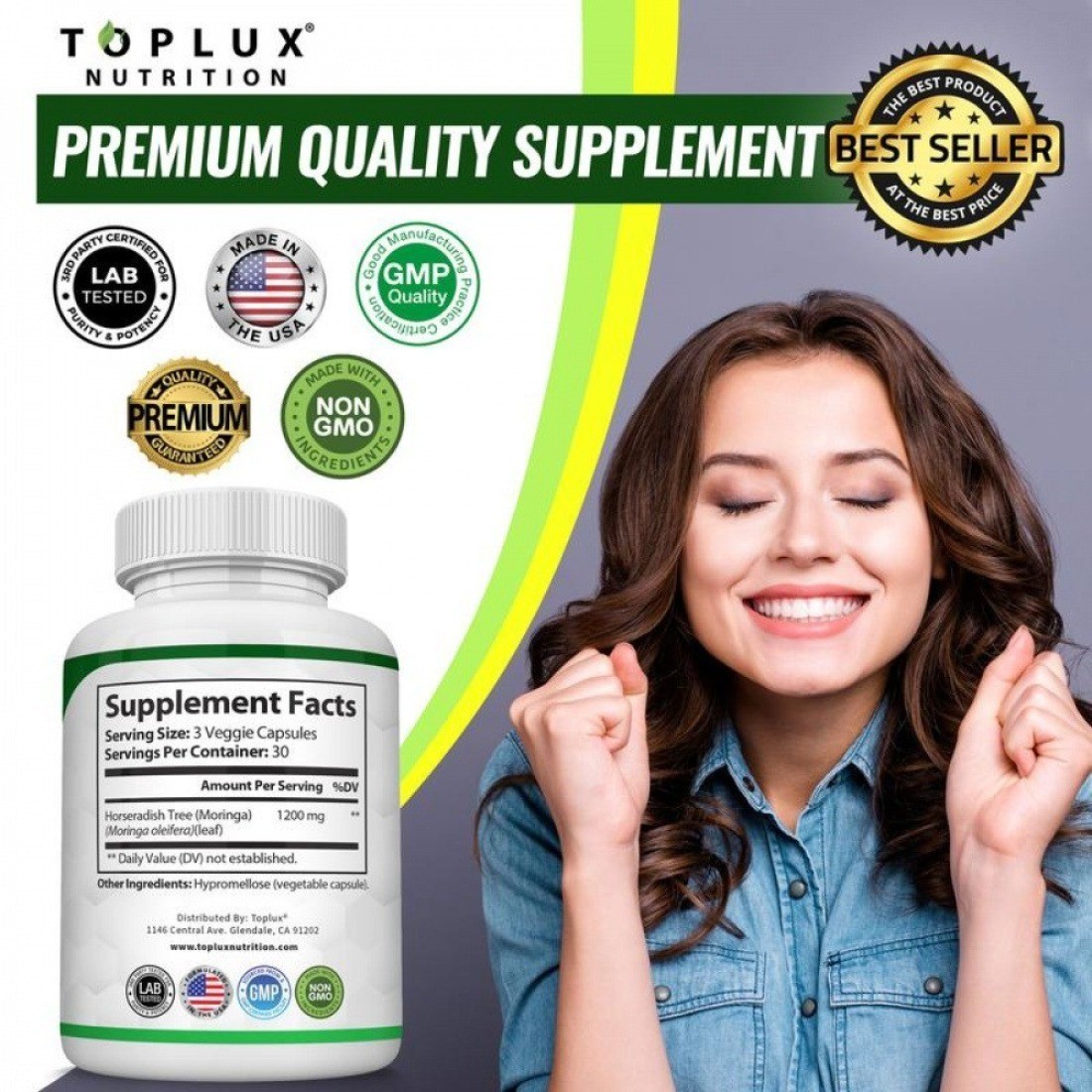 2 BOTTLES–TOPLUX Moringa Capsules 1200mg Pure Moringa Powder Immune Gut health