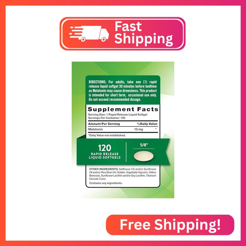 Nature’s Truth Melatonin 10mg | Rapid Release Liquid Softgels | 120 Count | Non-