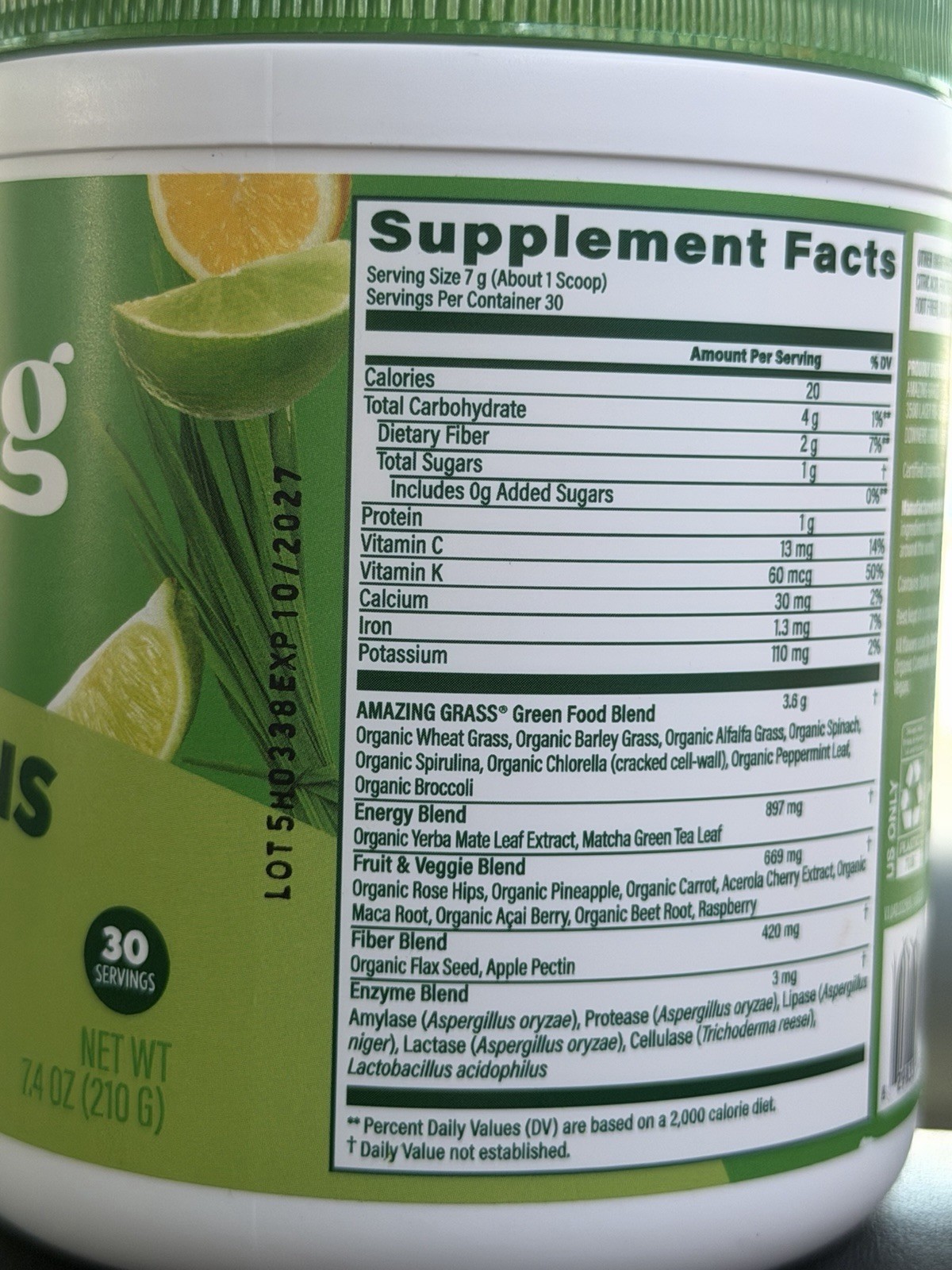 Amazing Grass Super Greens Energy Lemon Lime Powder 7.4 oz Plant-Based Caffeine