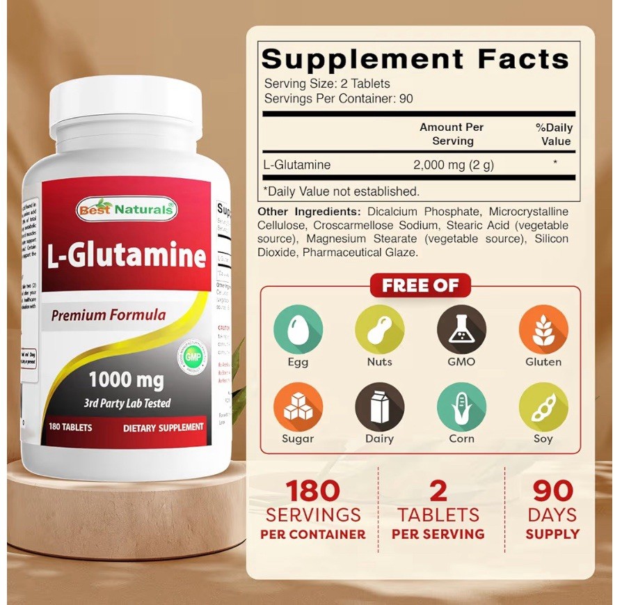 Best Naturals L-Glutamine 1000mg Tablets Non-GMO Lab Tested Amino Acid 180 Count