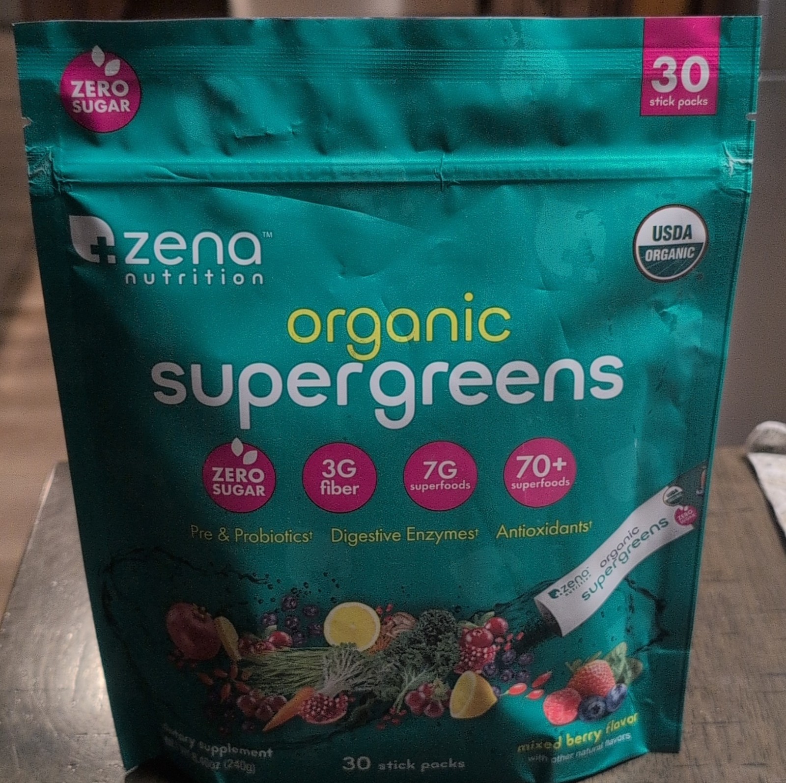 Zena Nutrition Organic Supergreens Powder USDA Organic Zero Sugar Mixed Berry 30
