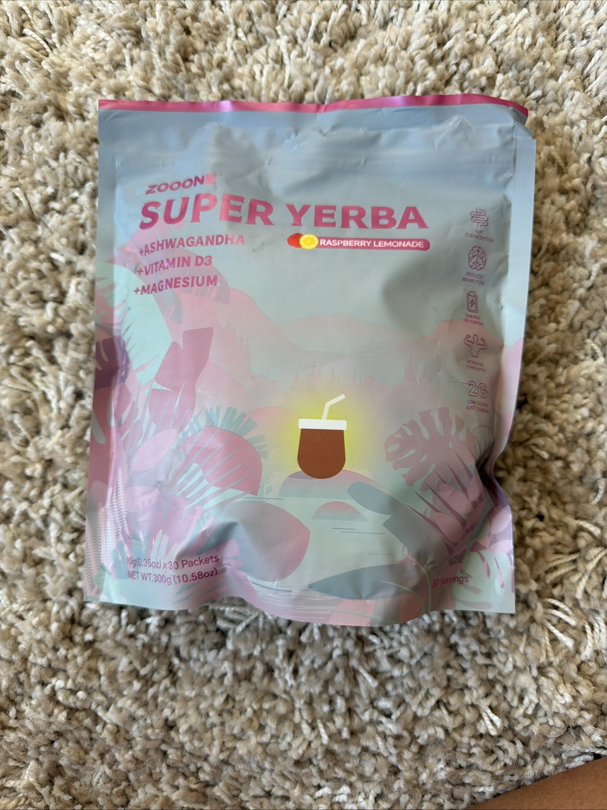 Zooone Yerba Mate Powder Ashwagana Magnesium Raspberry Lemonade 30 Servings
