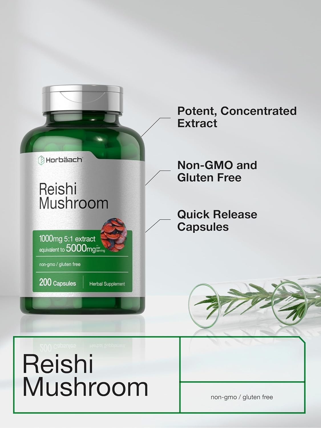 Horbäach Reishi Mushroom Capsules 5000mg 200 Count Caps ~ Exp 11/28