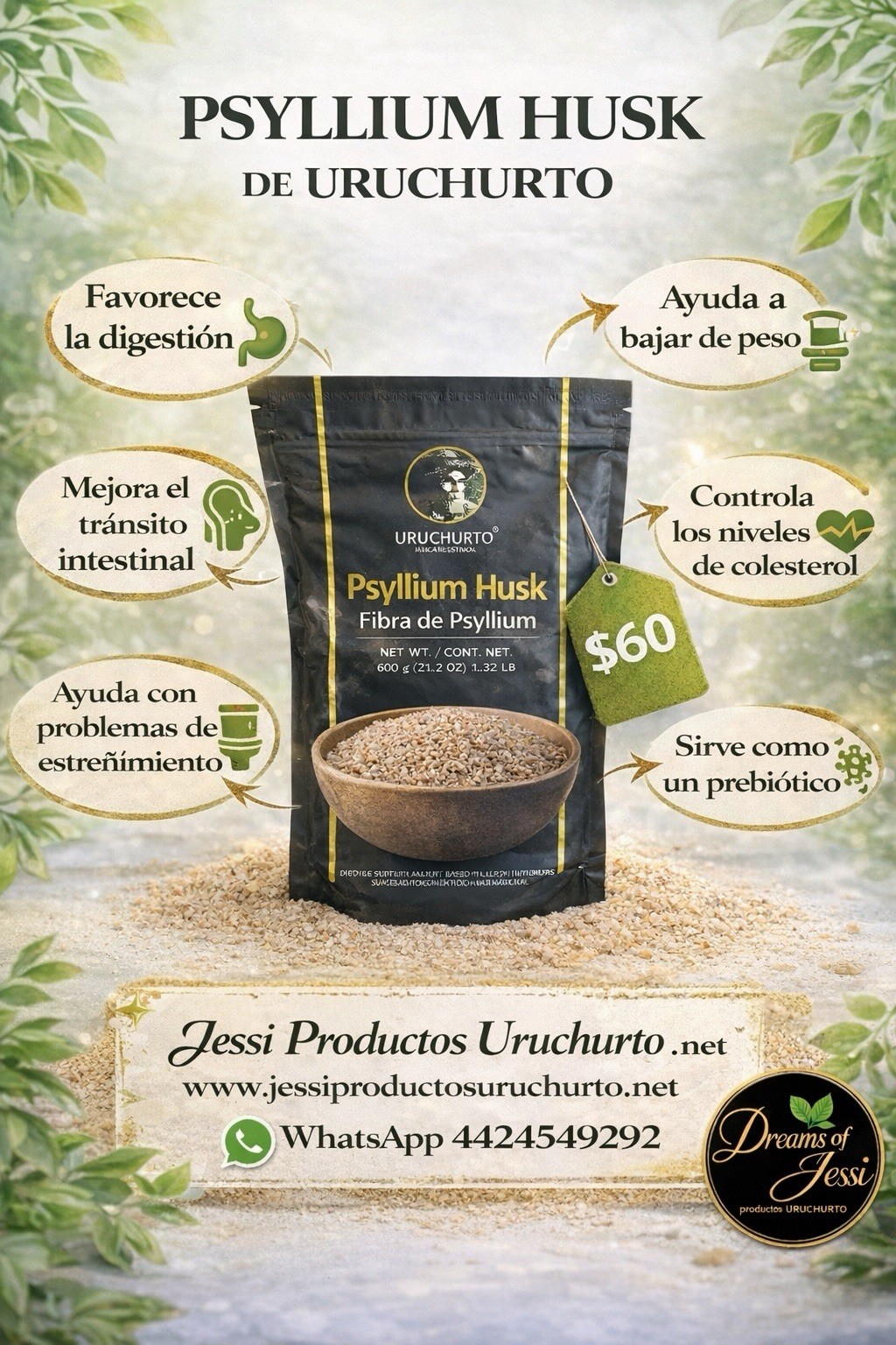 Uruchurto Psyllium Husk Fiber Supplement 600g Digestive Health Prebiotic