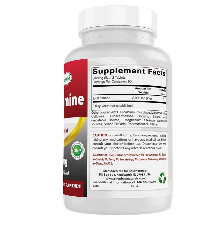 Best Naturals L-Glutamine 1000mg Tablets Non-GMO Lab Tested Amino Acid 180 Count