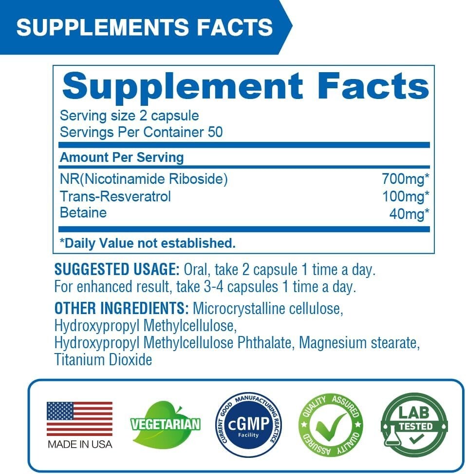 Nicotinamide Riboside 840mg NAD Supplement w/ Trans-Resveratrol & Betaine -100ct