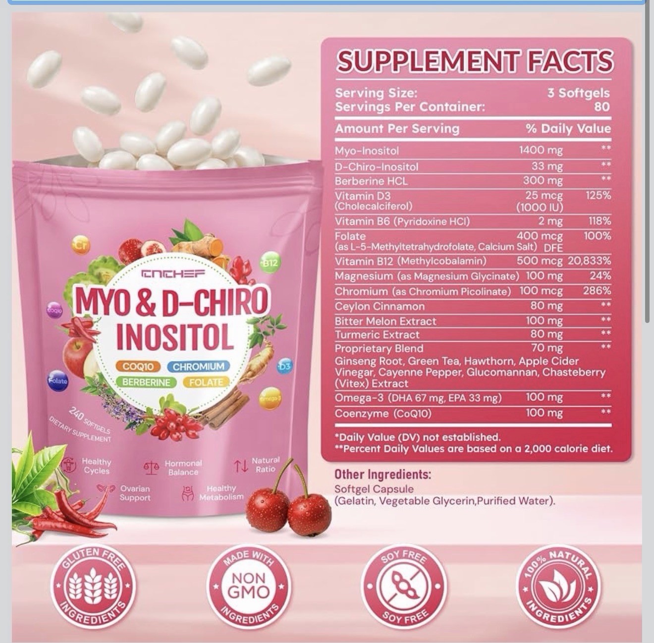CNCHIEF Myo & D-Chiro Inositol Softgels w/ Berberine CoQ10 D3 240 Ct