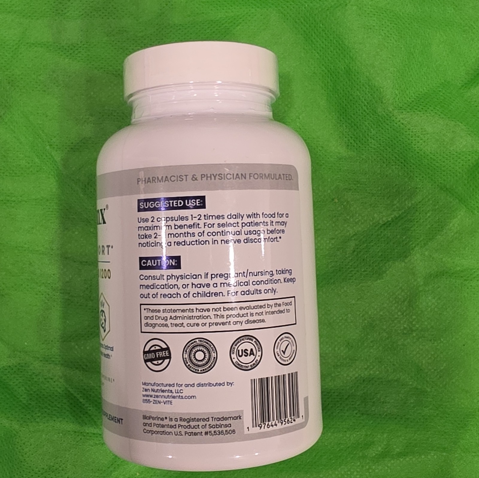 Zen Nutrients NeuraZenx Nerve Support Alpha Lipoic Acid 1200mg 120 Caps GMO Free