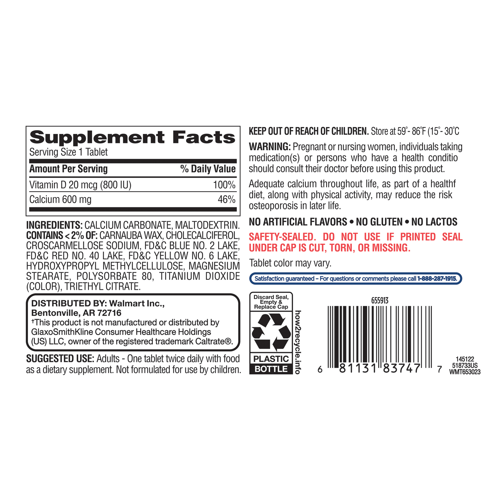 Equate Calcium 600 mg + D3 Tablets- 120 Ct