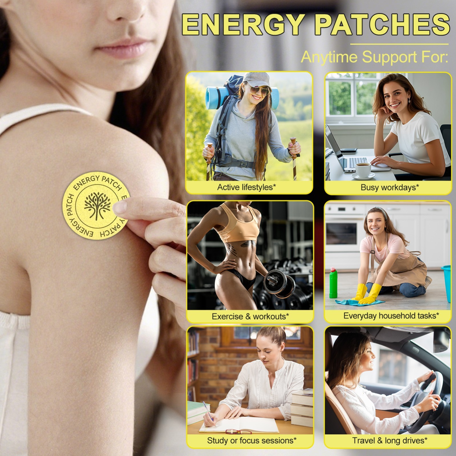 ACENTIALLABS Energy Patches | Caffeine + B12 + Ginseng | 8‑Hr Boost | 30 Count