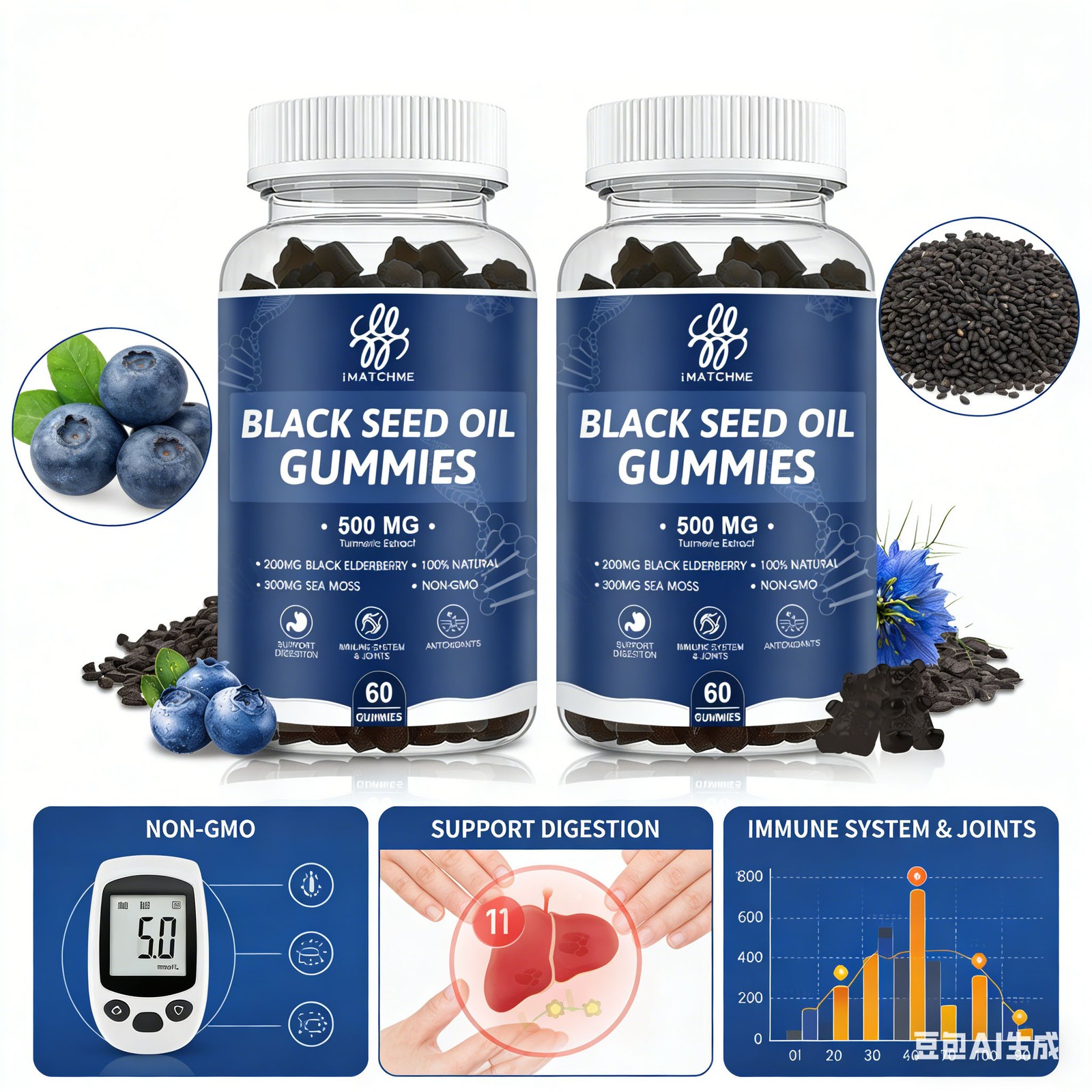 Black Seed Oil 500mg Gummies – with Elderberry, Sea Moss & Ashwagandha, 120ct