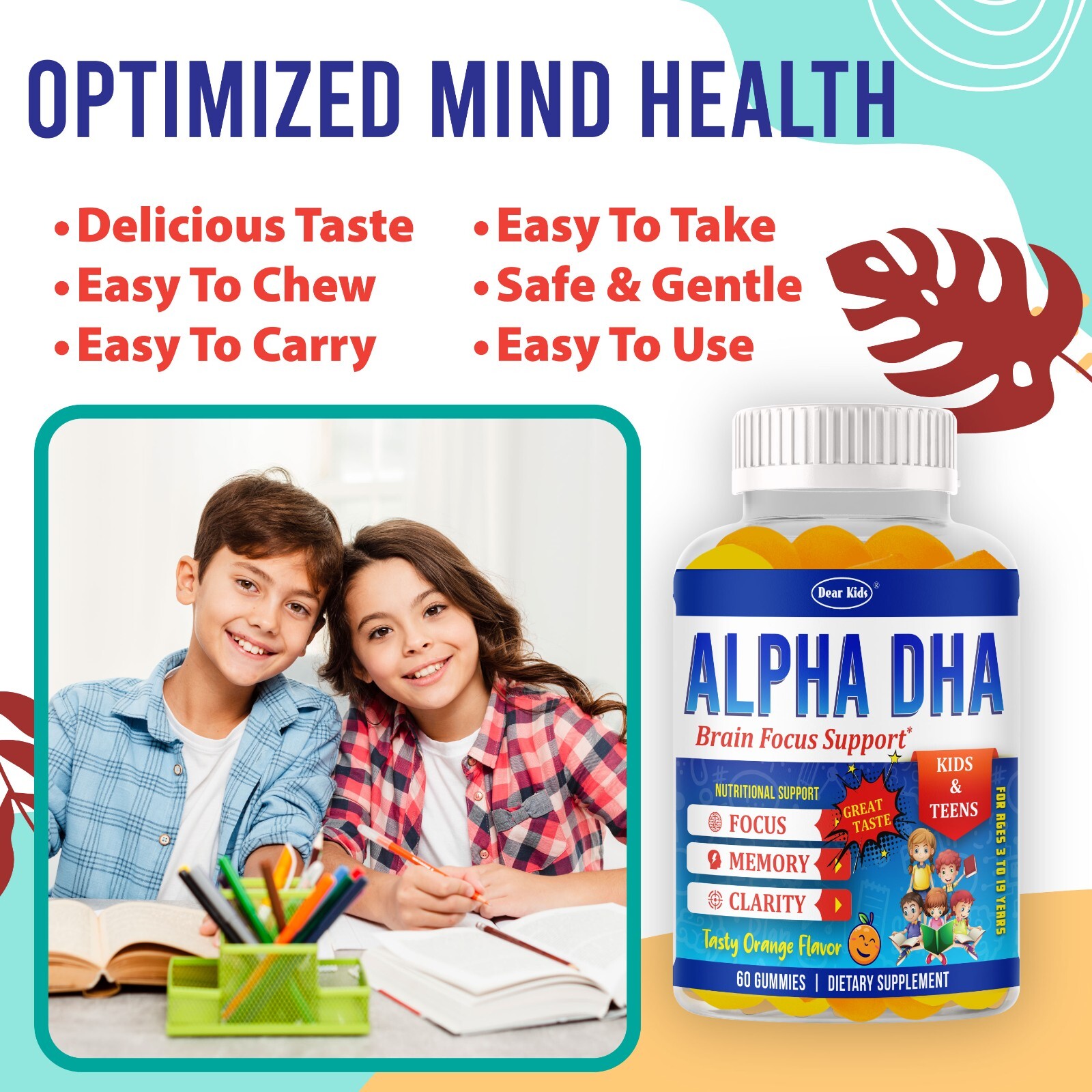 Brain Booster Memory Supplement Focus Gummies for Kids & Teens, Omega 3 & DHA 60
