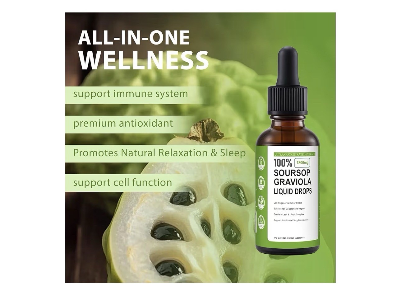 Soursop Graviola Liquid Drops 2 fl oz Vegan Gluten-Free Immune Support