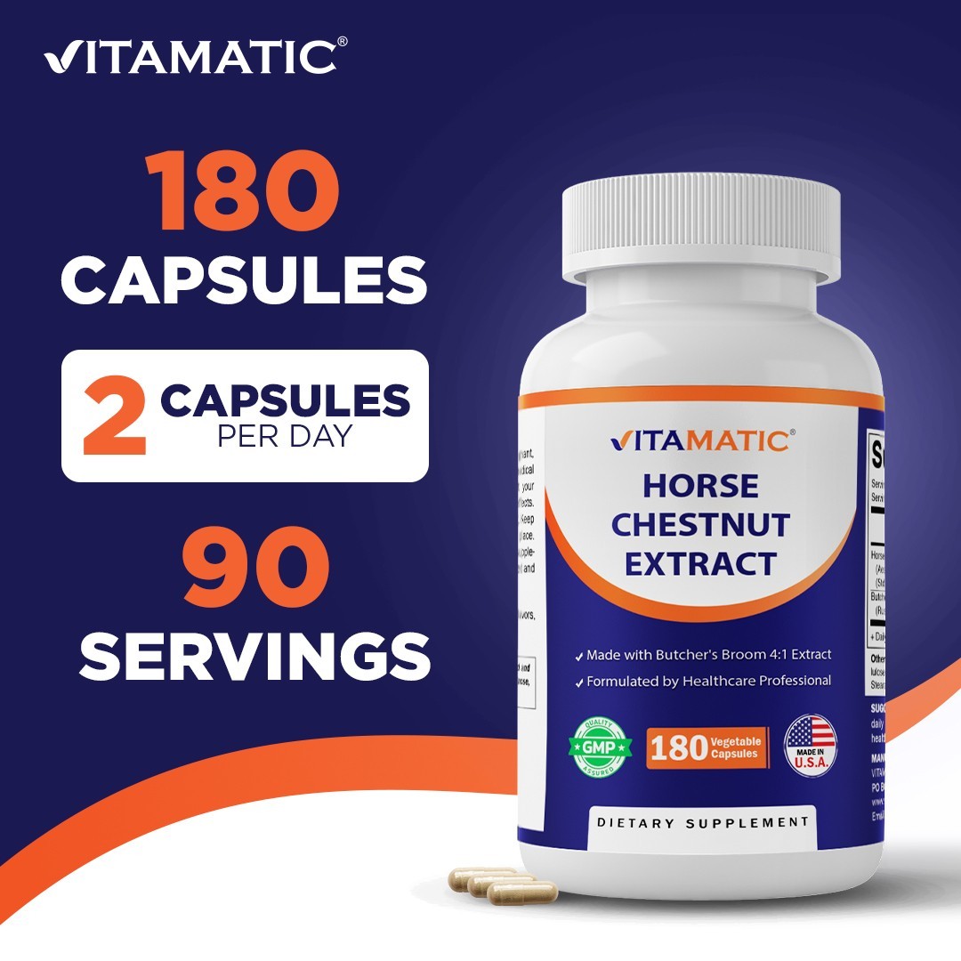 Vitamatic Horse Chestnut Extract 700 mg (Standardized 20% Aescin) – 180 Capsules