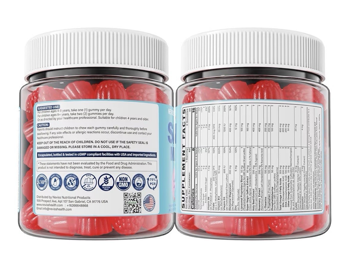 2 Pack Neviss Saffron Magnesium Glycinate For Kids 4+ Focus Calm Happy Mood