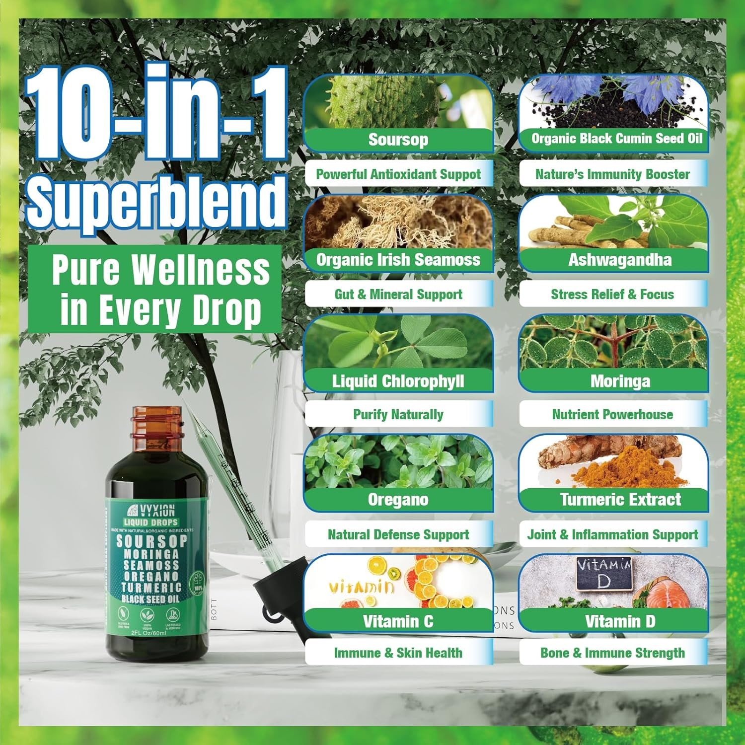 Soursop Bitters Liquid Drops 10 in 1 with Sea Moss, 2 Fl Oz (Pack of 1)