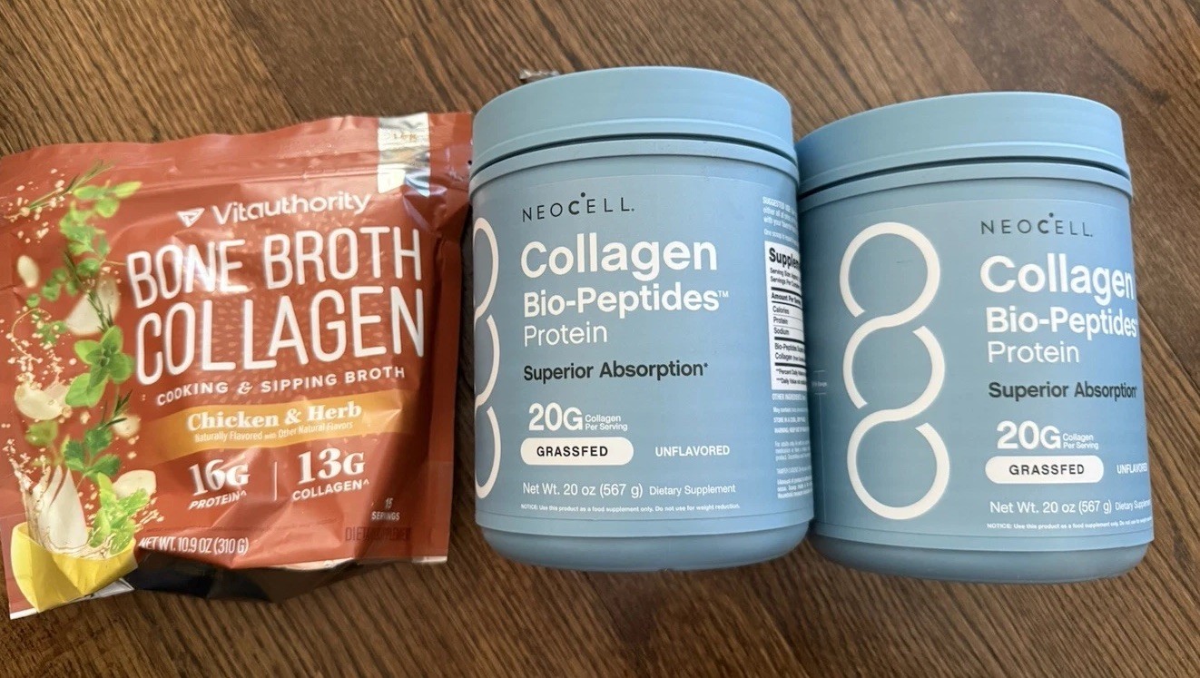 2 NeoCell Collagen Unflavored 20oz & Vitauthority Bone Broth Chicken Herb 10.9oz