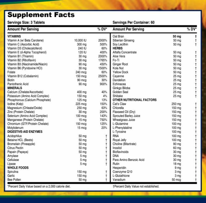 LifeSource Vitamins Multi Vitamin & Minerals 180 Tabs 71 Whole Food Ingredients