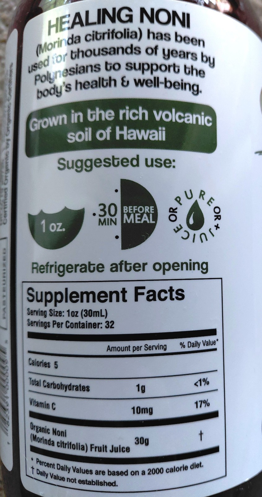 *Healing Noni* Hawaiian ~NONI JUICE~ Certified Organic ~1 x 32 fl. oz. / 1 qt.~