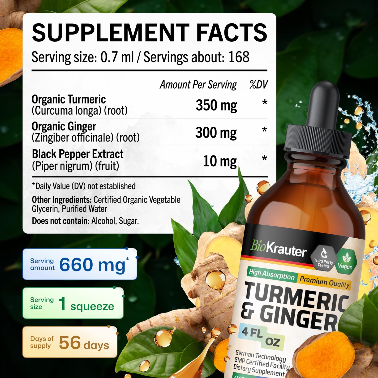 BIO KRAUTER® Turmeric and Ginger Supplement – Pure Vegan 4 Fl Oz (Pack of 1)