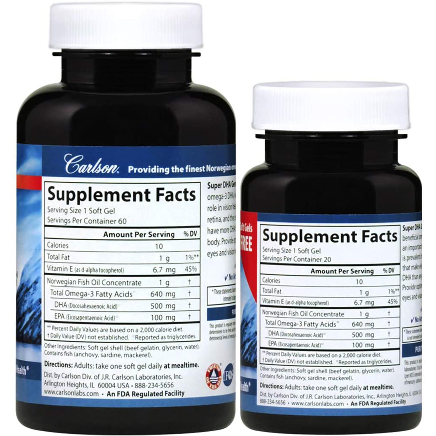 Carlson Labs Super DHA Gems 500 mg, 60 + 20 Softgels